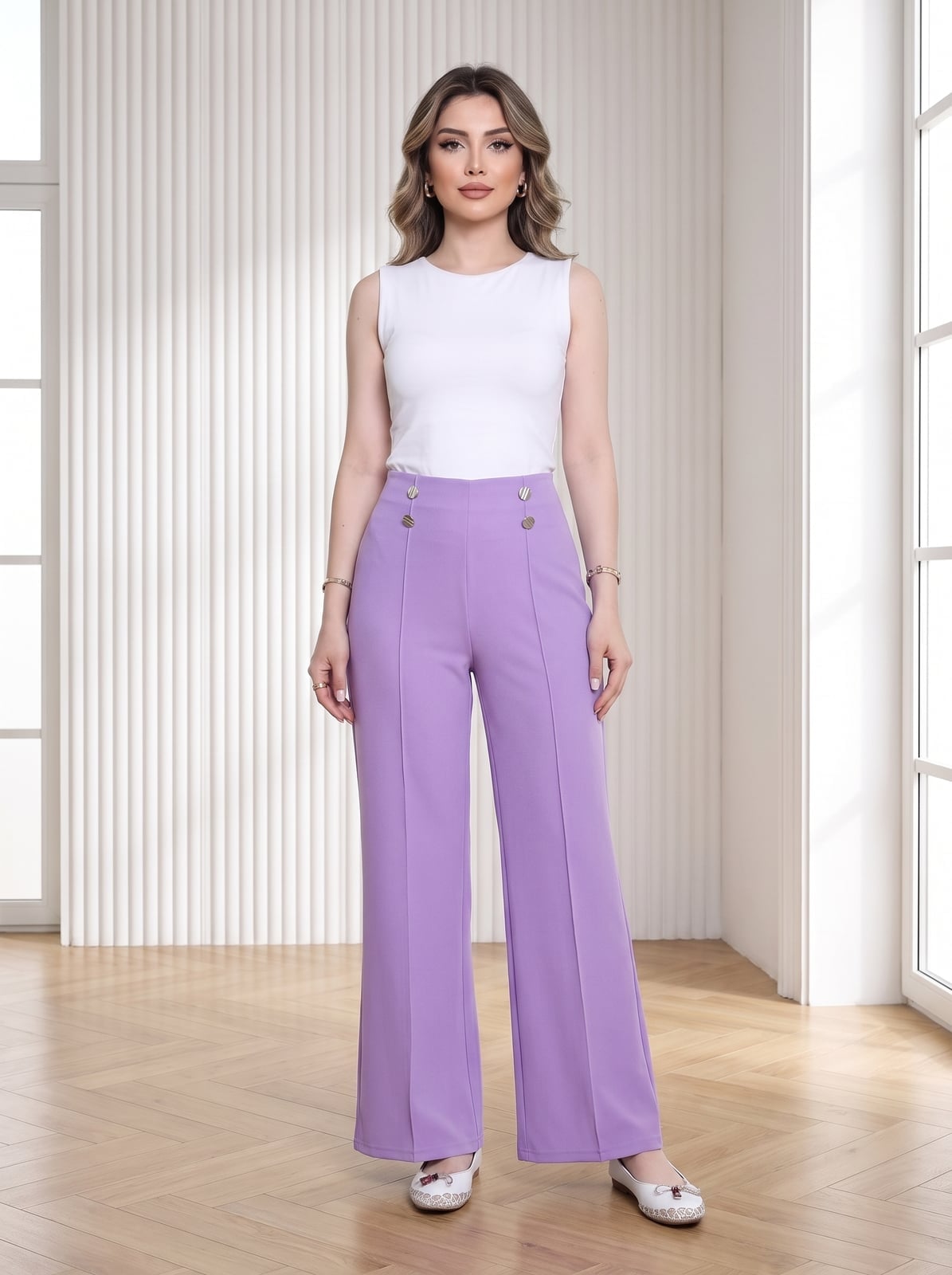 Lavender Wide Leg Trousers With White Top — Classy Wide Leg Pants Outfits