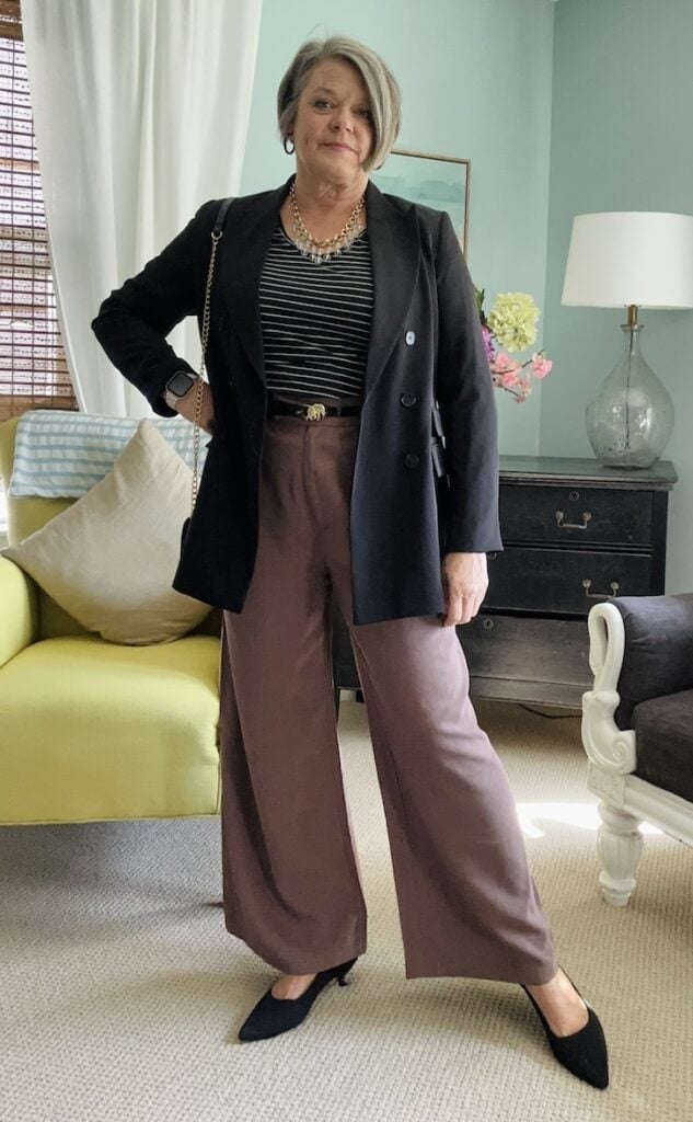 Brown Wide Leg Trousers With Black Blazer and Striped T-Shirt — Classy Wide Leg Pants Outfits