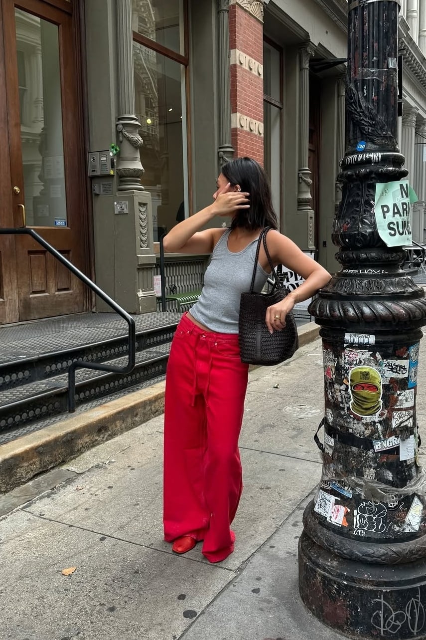 Red Wide Leg Jeans With Ribbed Tank — Classy Wide Leg Pants Outfits