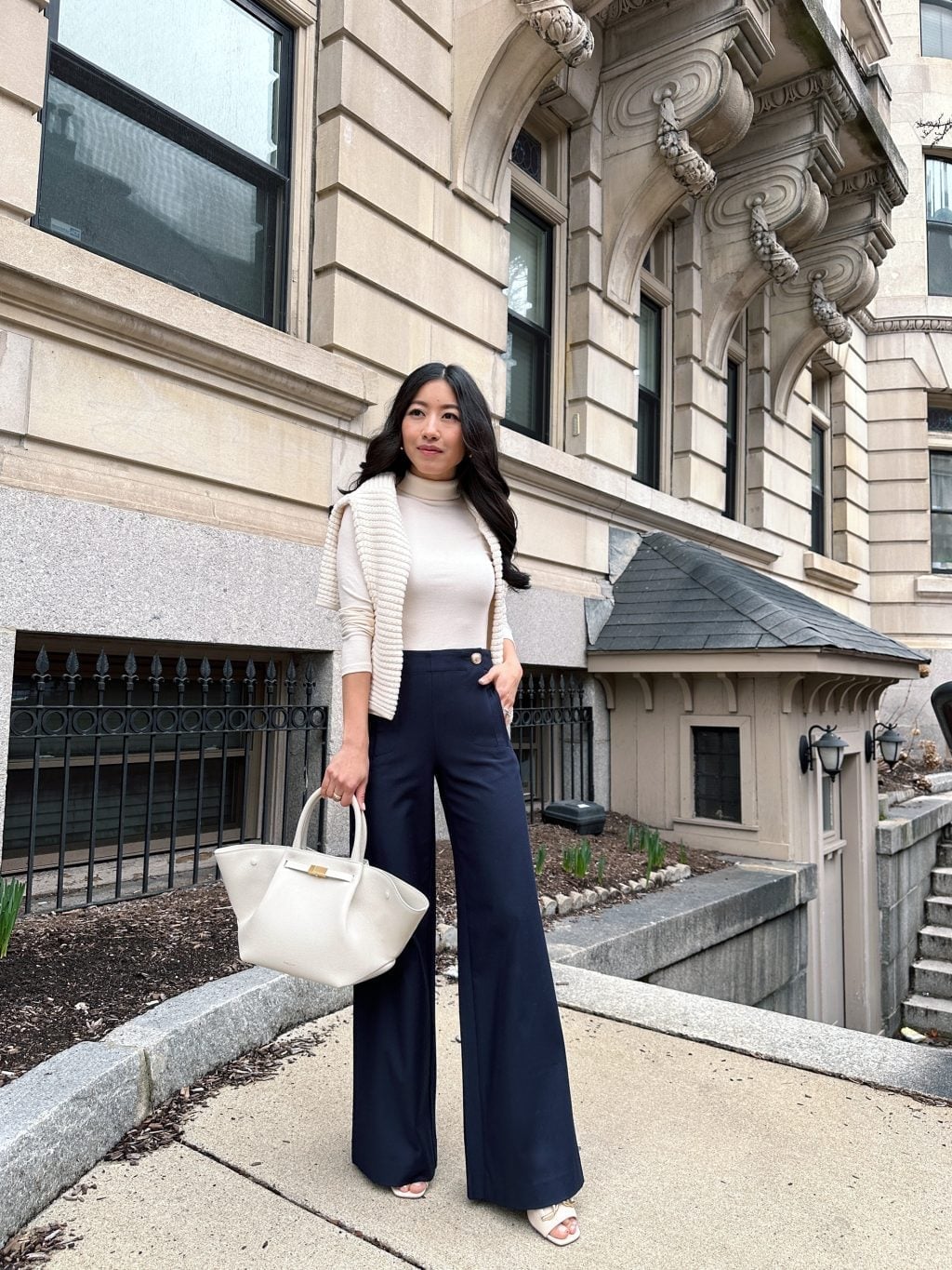 Navy Wool Blend Wide Leg Trousers — Classy Wide Leg Pants Outfits