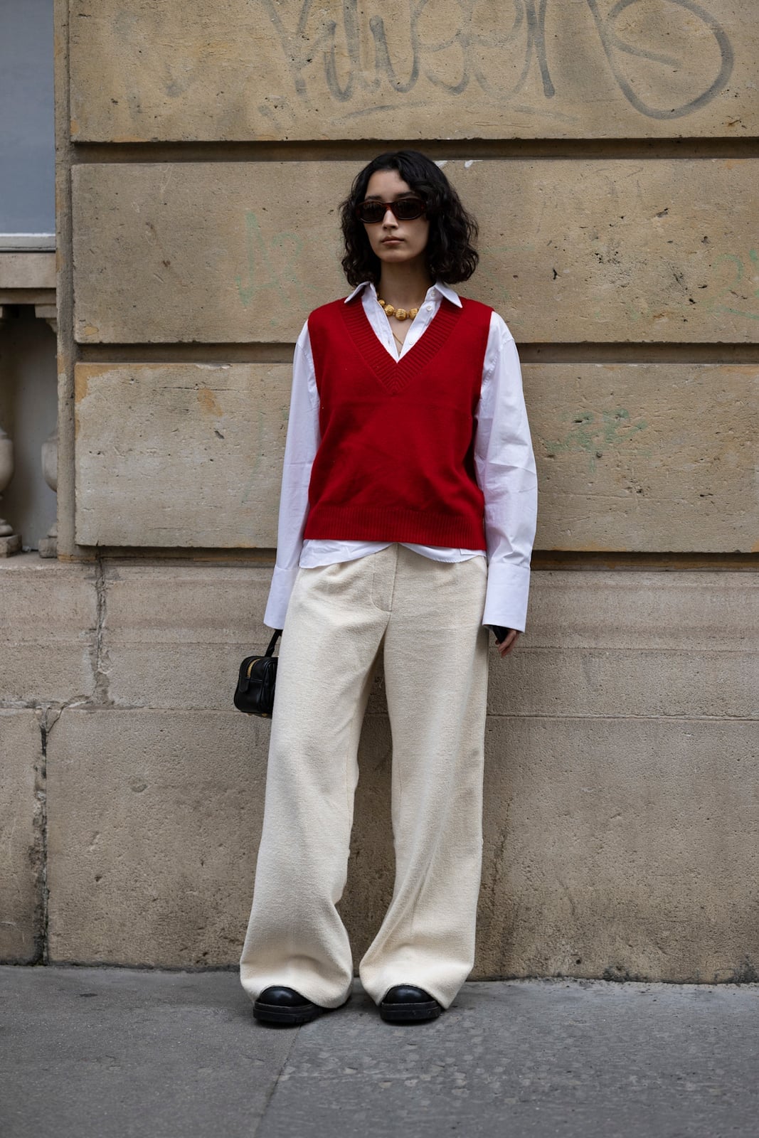 Cream Textured Wide Leg Trousers With Sweater Vest — Classy Wide Leg Pants Outfits