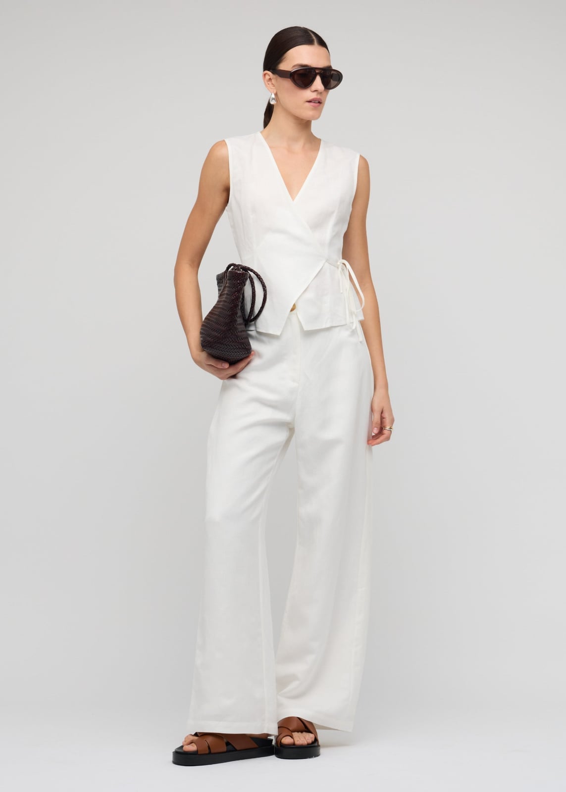 White Linen Wide Leg Pants With Wrap Vest — Classy Wide Leg Pants Outfits