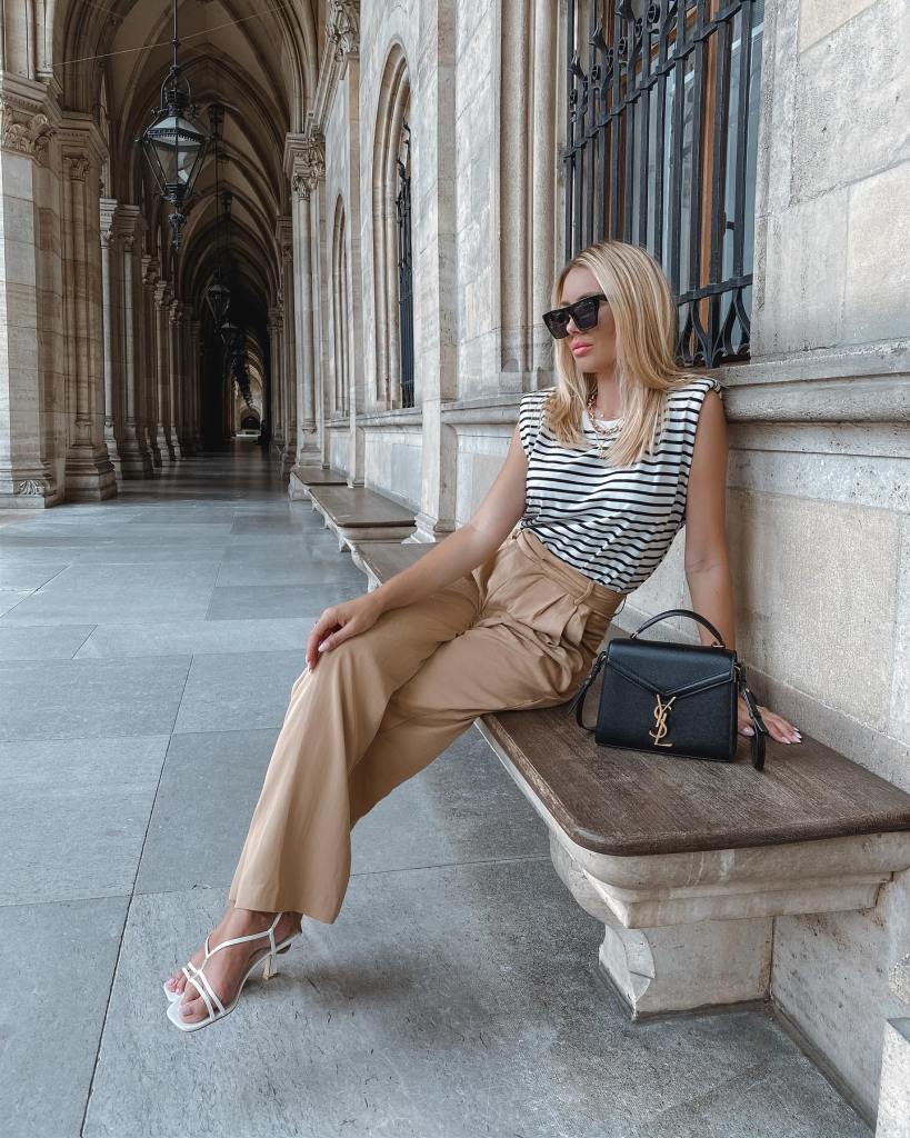 Camel Wide Leg Trousers With Striped Top — Classy Wide Leg Pants Outfits