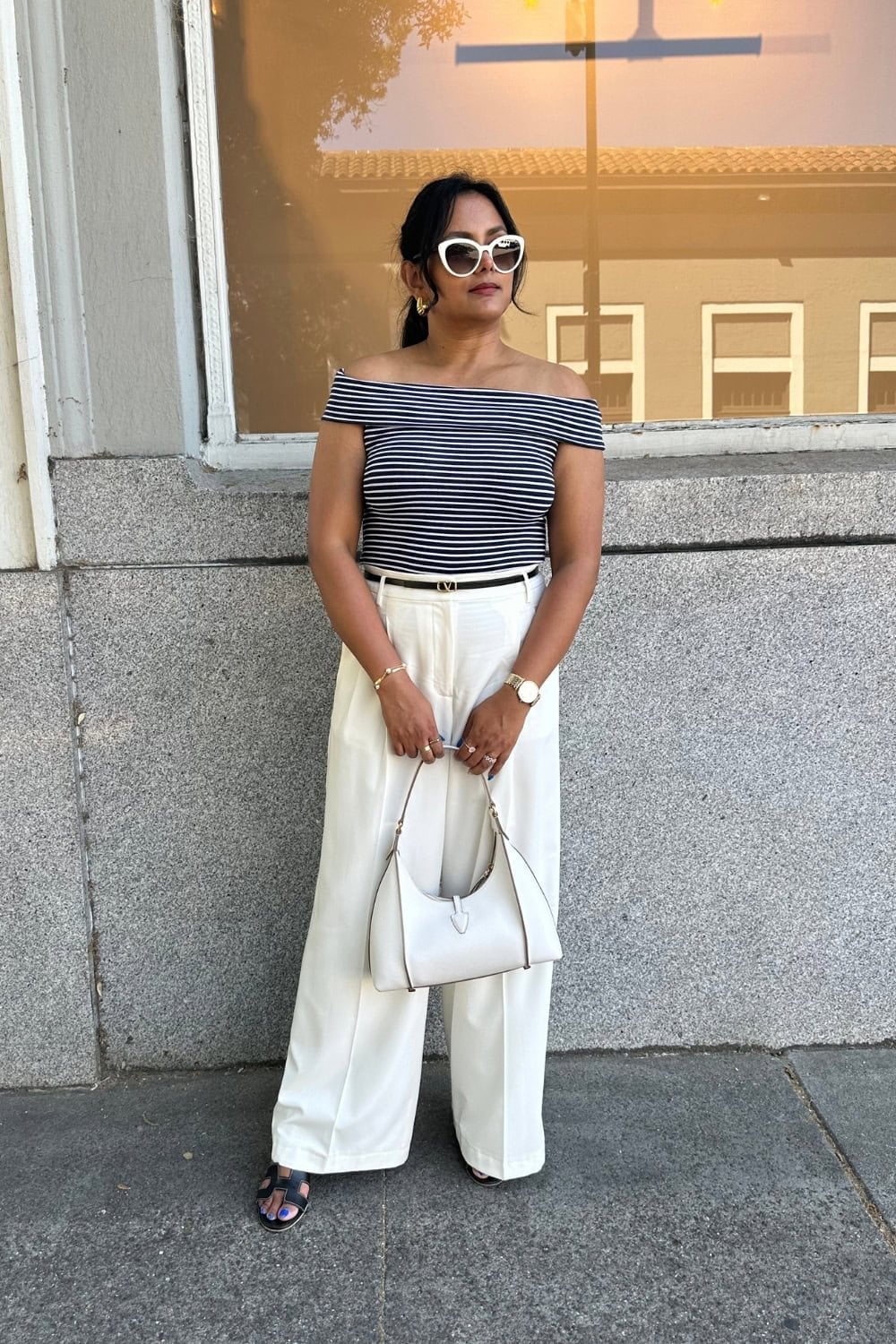 White Linen Blend Wide Leg Pants With Stripes — Classy Wide Leg Pants Outfits