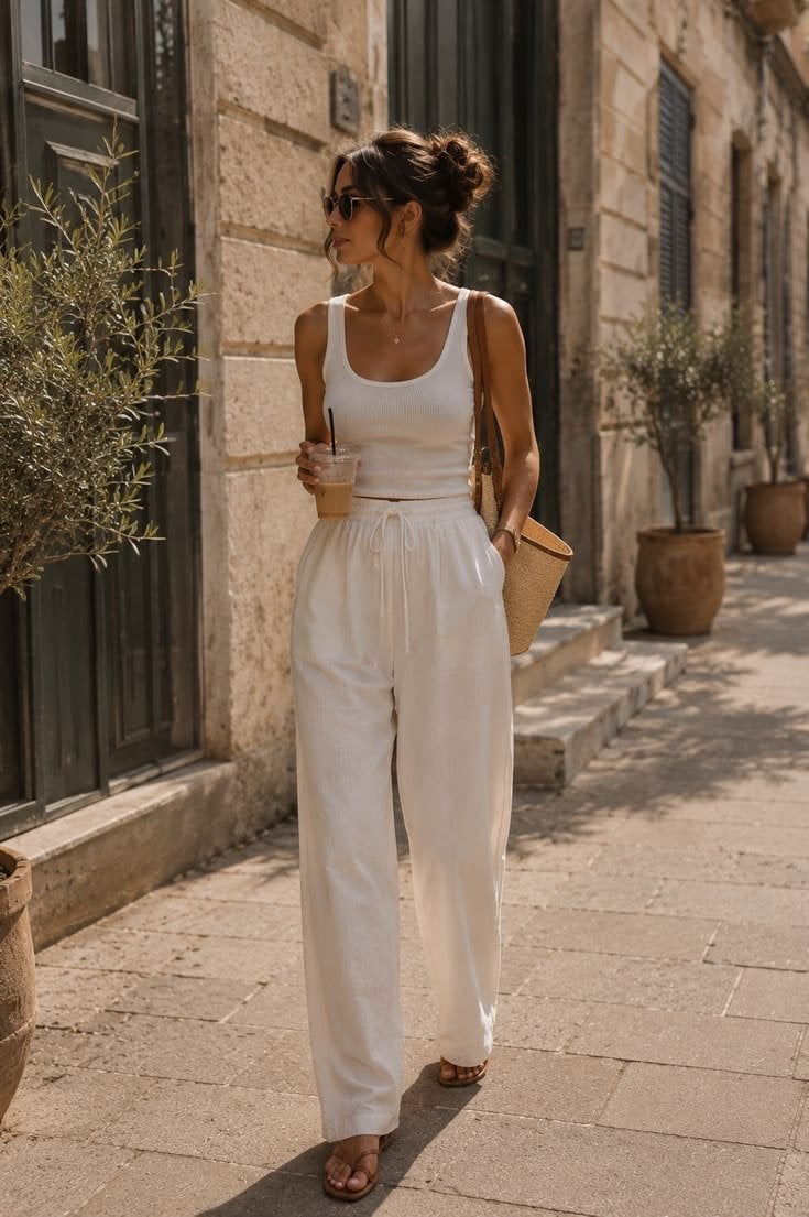 White Linen Wide Leg Trousers With Ribbed Tank — Classy Wide Leg Pants Outfits