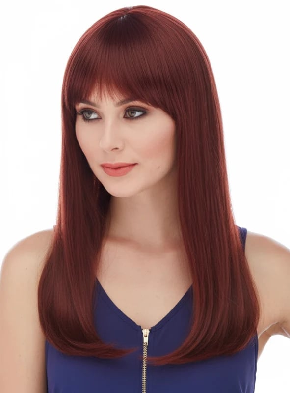 Mid-Back Straight Deep Red With Blunt Bangs Mid-Back Straight Deep Red With Blunt Bangs — Classy Wig Hair