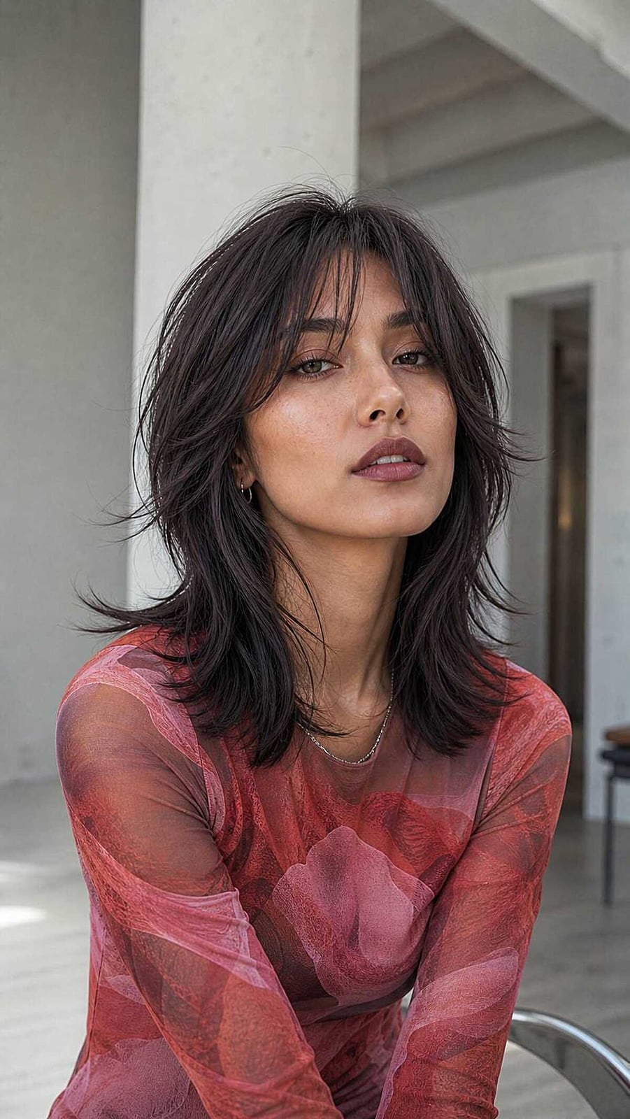 Dark Brown Collarbone Wolf Cut With Curtain Bangs Dark Brown Collarbone Wolf Cut With Curtain Bangs — Classy Wolf Cut