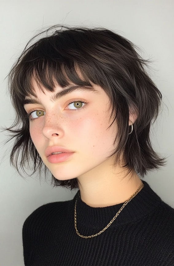 Short Dark Brown Wolf Cut With Baby Bangs Short Dark Brown Wolf Cut With Baby Bangs — Classy Wolf Cut