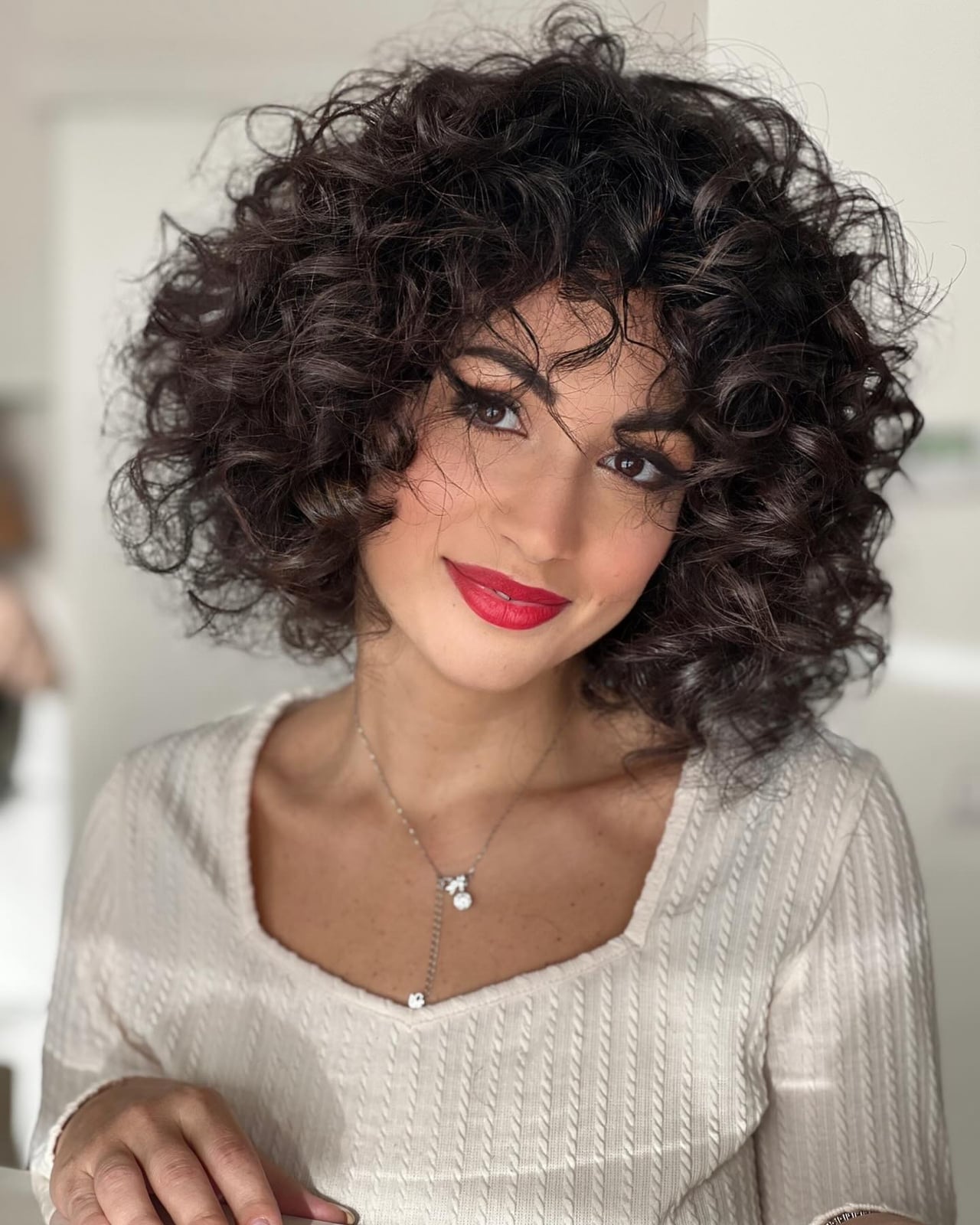 Shoulder Length Dark Brown Curly Wolf Cut With Air Dried Shoulder Length Dark Brown Curly Wolf Cut With Air Dried — Classy Wolf Cut Curly Hair