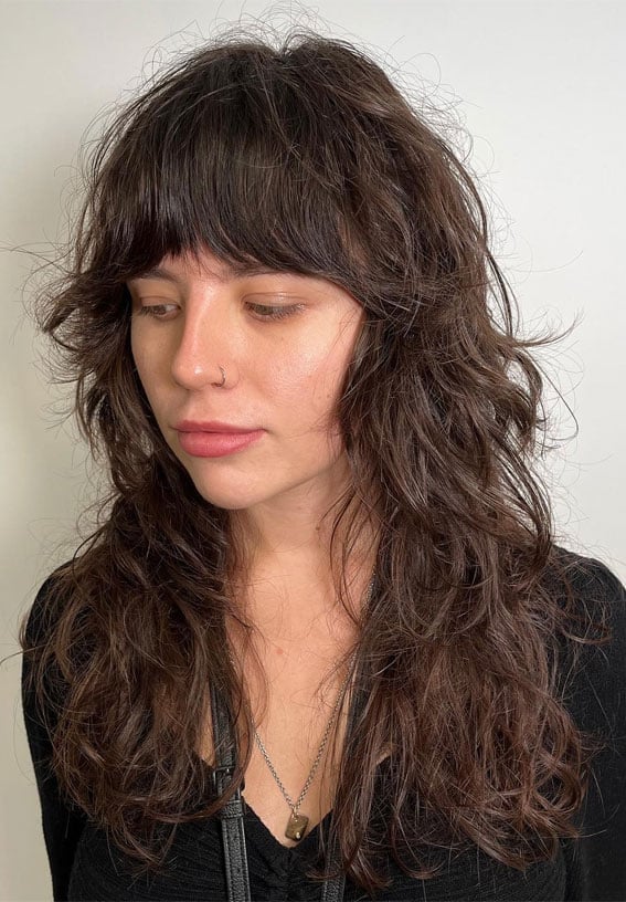 Mid-Back Wolf Cut With Long Bangs, Dark Brown Mid-Back Wolf Cut With Long Bangs, Dark Brown — Classy Wolf Cut Curly Hair