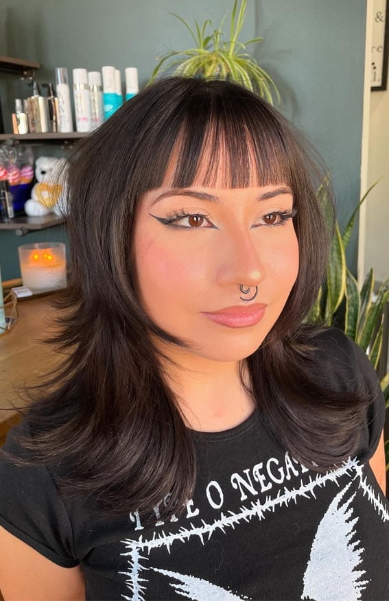 Collarbone Layered Cut With Blunt Bangs Collarbone Layered Cut With Blunt Bangs — Classy Wolf Cut Hair