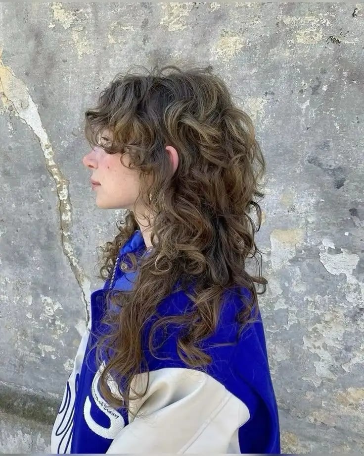 Mid-Back Curly Wolf Cut With Caramel Highlights Mid-Back Curly Wolf Cut With Caramel Highlights — Classy Wolf Cut Hair