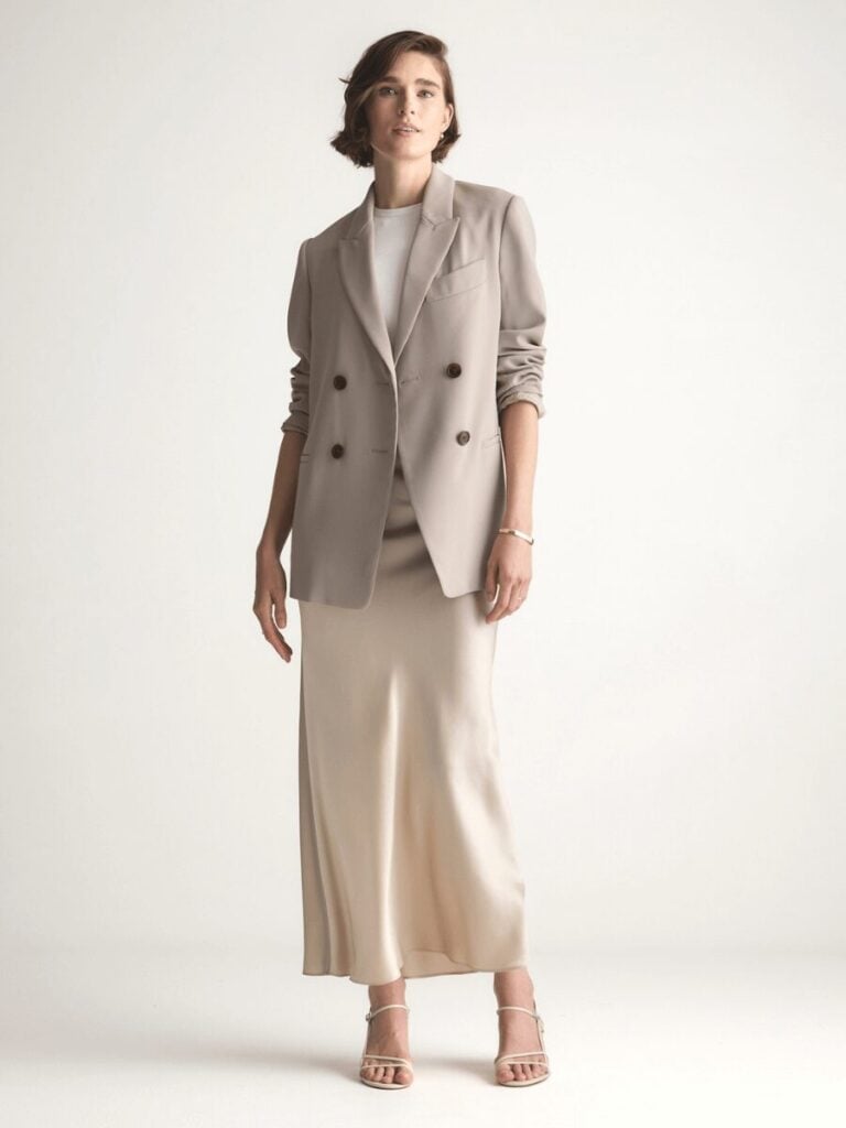 Oversized Beige Blazer With Satin Slip Skirt Oversized Beige Blazer With Satin Slip Skirt — Classy Work Party Outfits