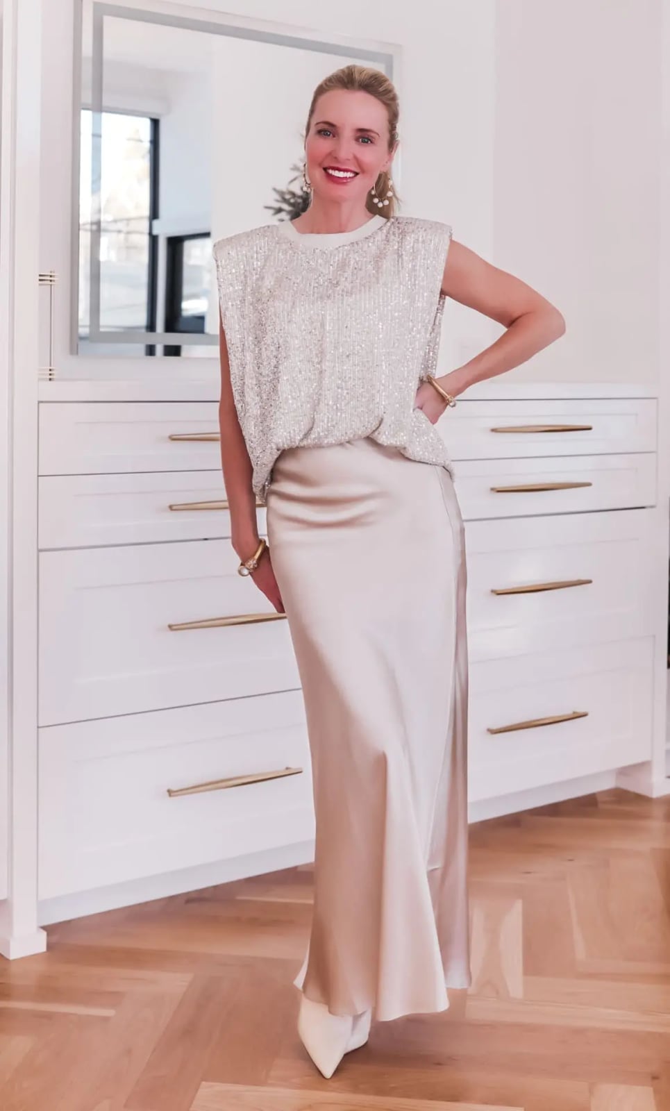 Silver Sequin Top With Champagne Satin Skirt and Pointed-Toe Heels Silver Sequin Top With Champagne Satin Skirt and Pointed-Toe Heels — Classy Work Party Outfits