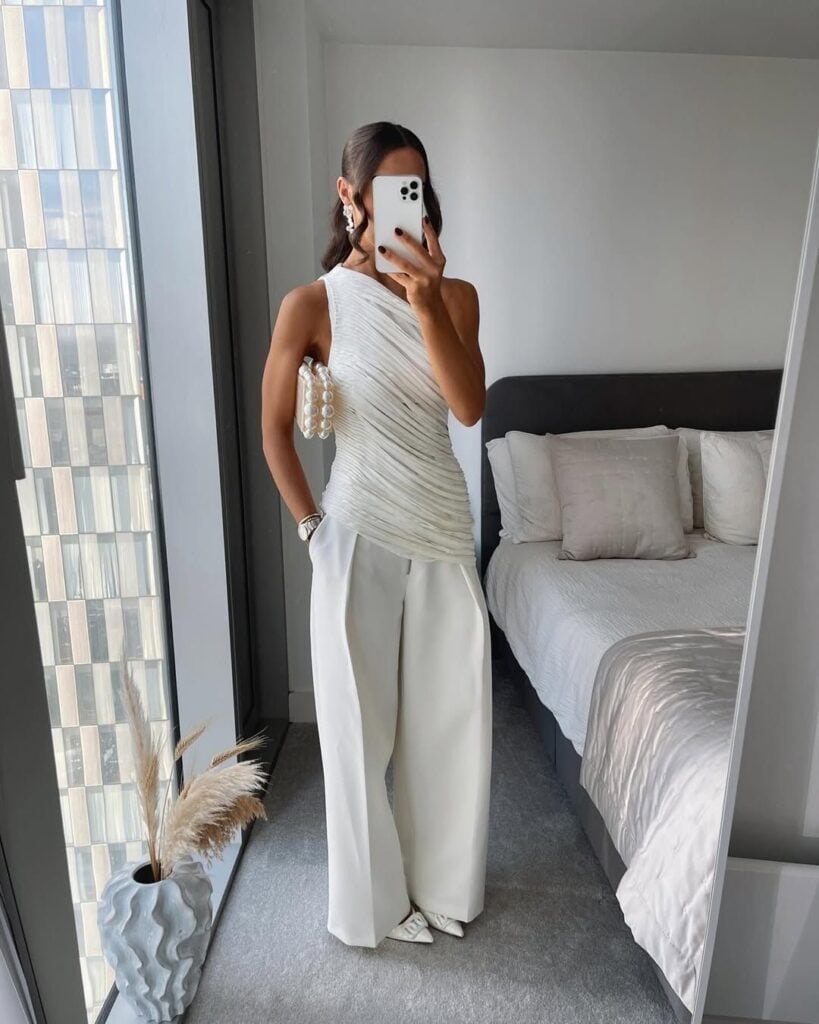 White Draped Top With Wide-Leg Trousers, Close-Up Take White Draped Top With Wide-Leg Trousers, Close-Up Take — Classy Work Party Outfits