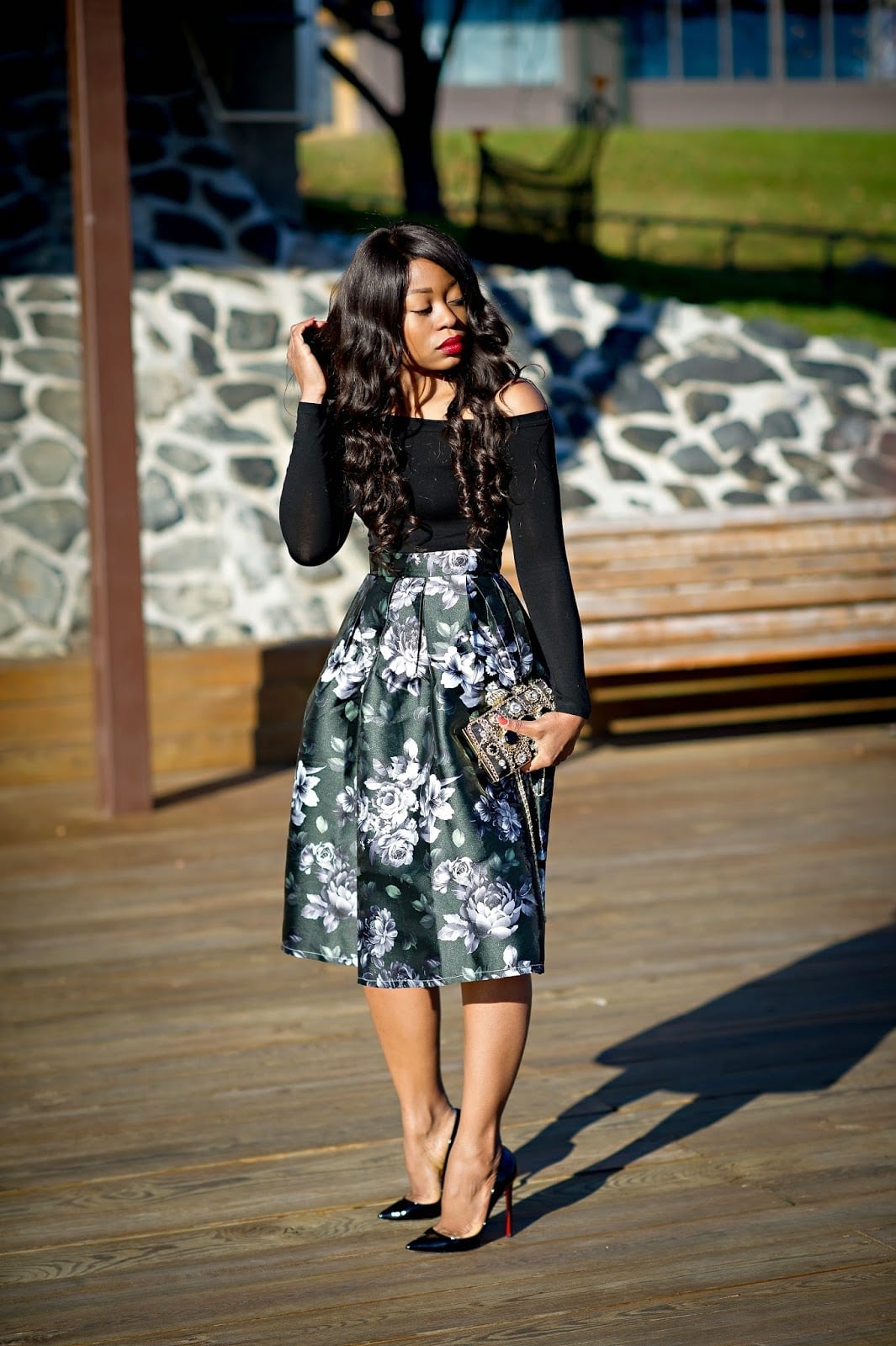 Floral Print Midi Skirt With Off-Shoulder Top Floral Print Midi Skirt With Off-Shoulder Top — Classy Work Party Outfits