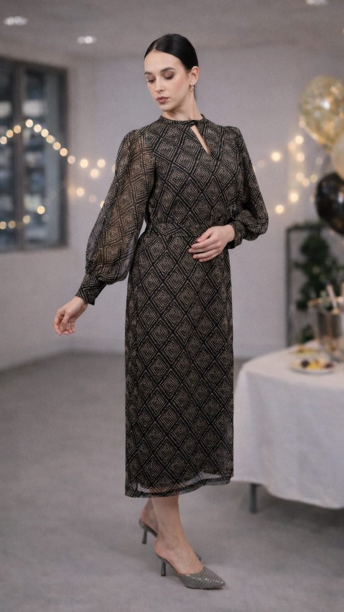 Geometric Print Midi Dress Geometric Print Midi Dress — Classy Work Party Outfits