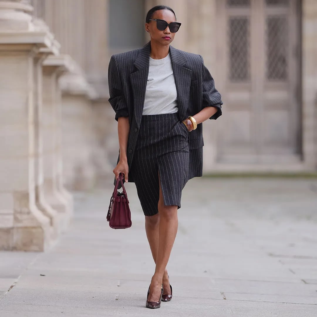 Charcoal Pinstripe Skirt Suit With T-Shirt Charcoal Pinstripe Skirt Suit With T-Shirt — Classy Work Party Outfits