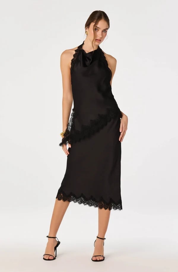 Black Satin Halter Dress With Lace Trim Black Satin Halter Dress With Lace Trim — Classy Work Party Outfits