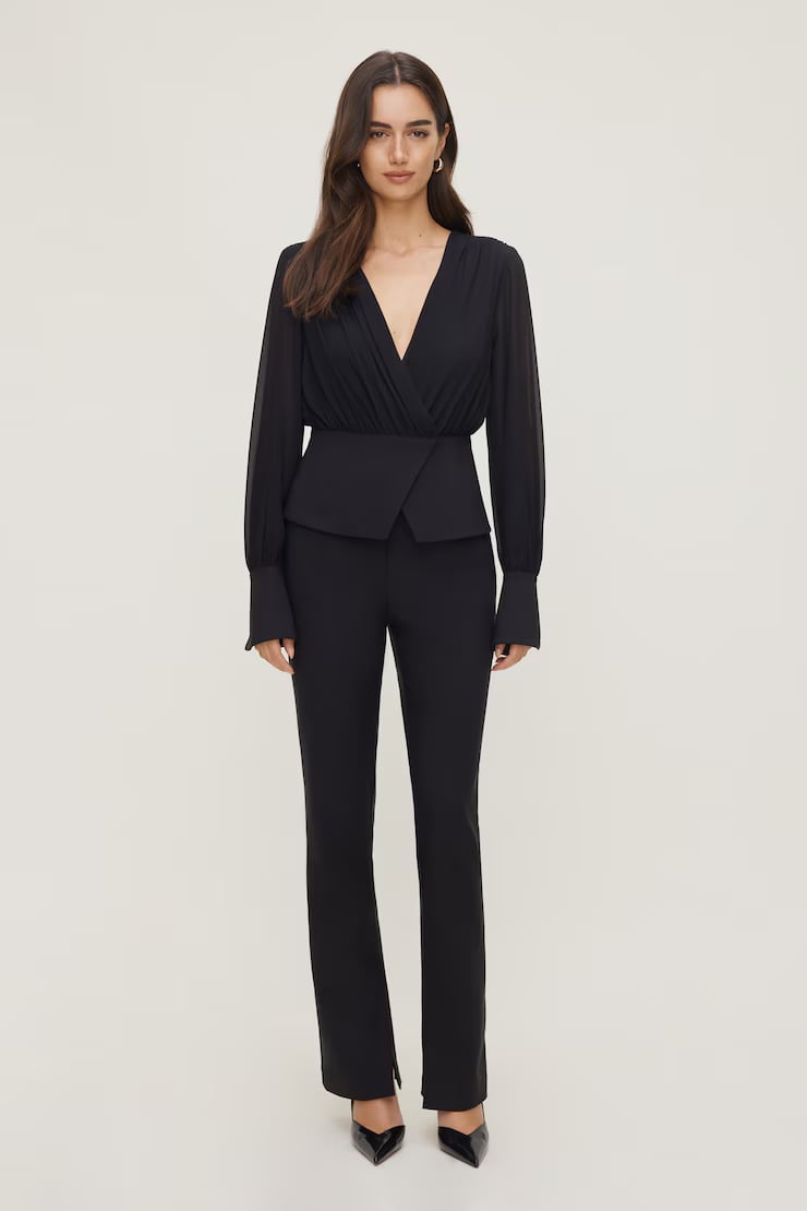 Black Chiffon Wrap Blouse With Tailored Trousers Black Chiffon Wrap Blouse With Tailored Trousers — Classy Work Party Outfits