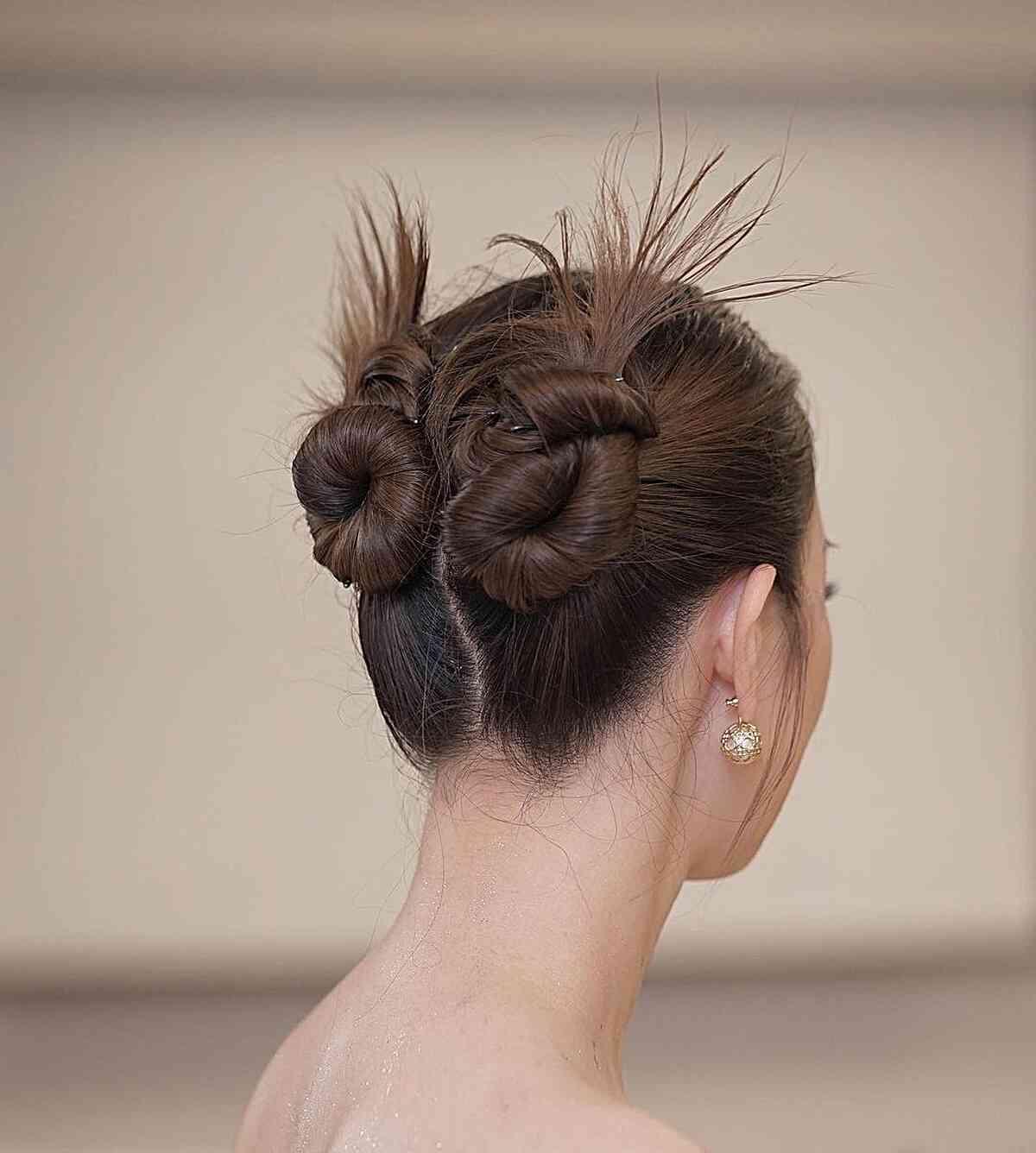 Dark Brown Double Space Buns With Wispy Ends Dark Brown Double Space Buns With Wispy Ends — Classy Y2K Updo