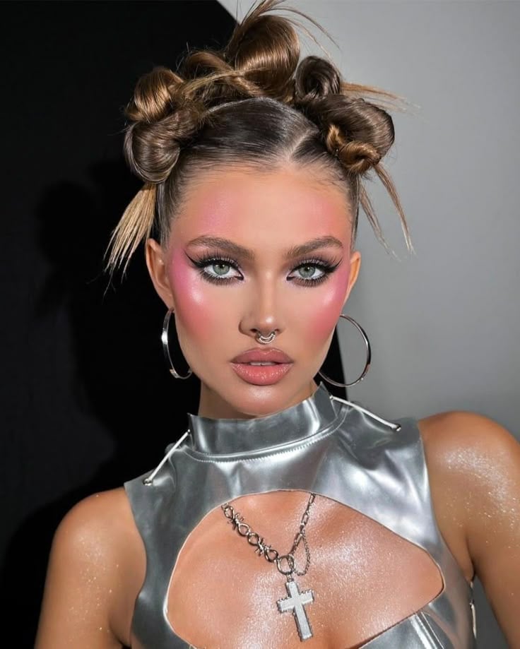 Medium Blonde Sharp Double Space Buns Medium Blonde Sharp Double Space Buns — Classy Y2K Updo