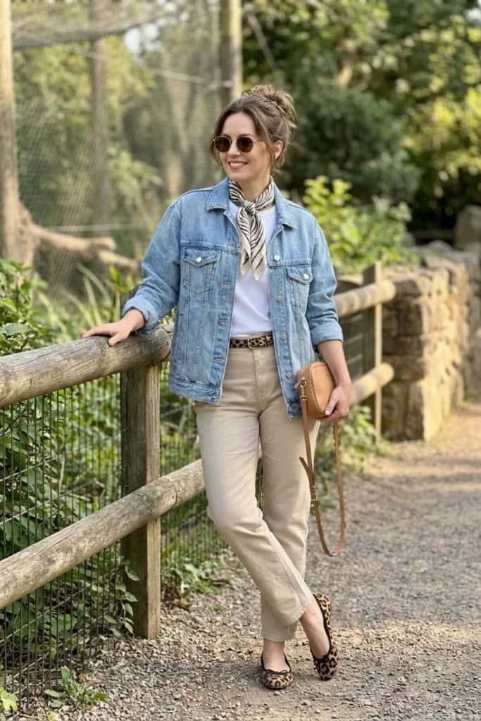 Denim Jacket Over Tee with Neutral Trousers Denim Jacket Over Tee with Neutral Trousers — Classy Zoo Outfits