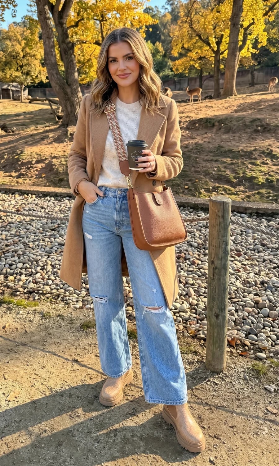 Camel Coat Over Knit Sweater and Ripped Jeans Camel Coat Over Knit Sweater and Ripped Jeans — Classy Zoo Outfits