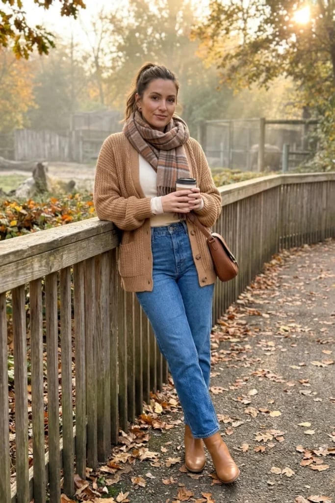 Tan Cardigan with Plaid Scarf and Jeans Tan Cardigan with Plaid Scarf and Jeans — Classy Zoo Outfits