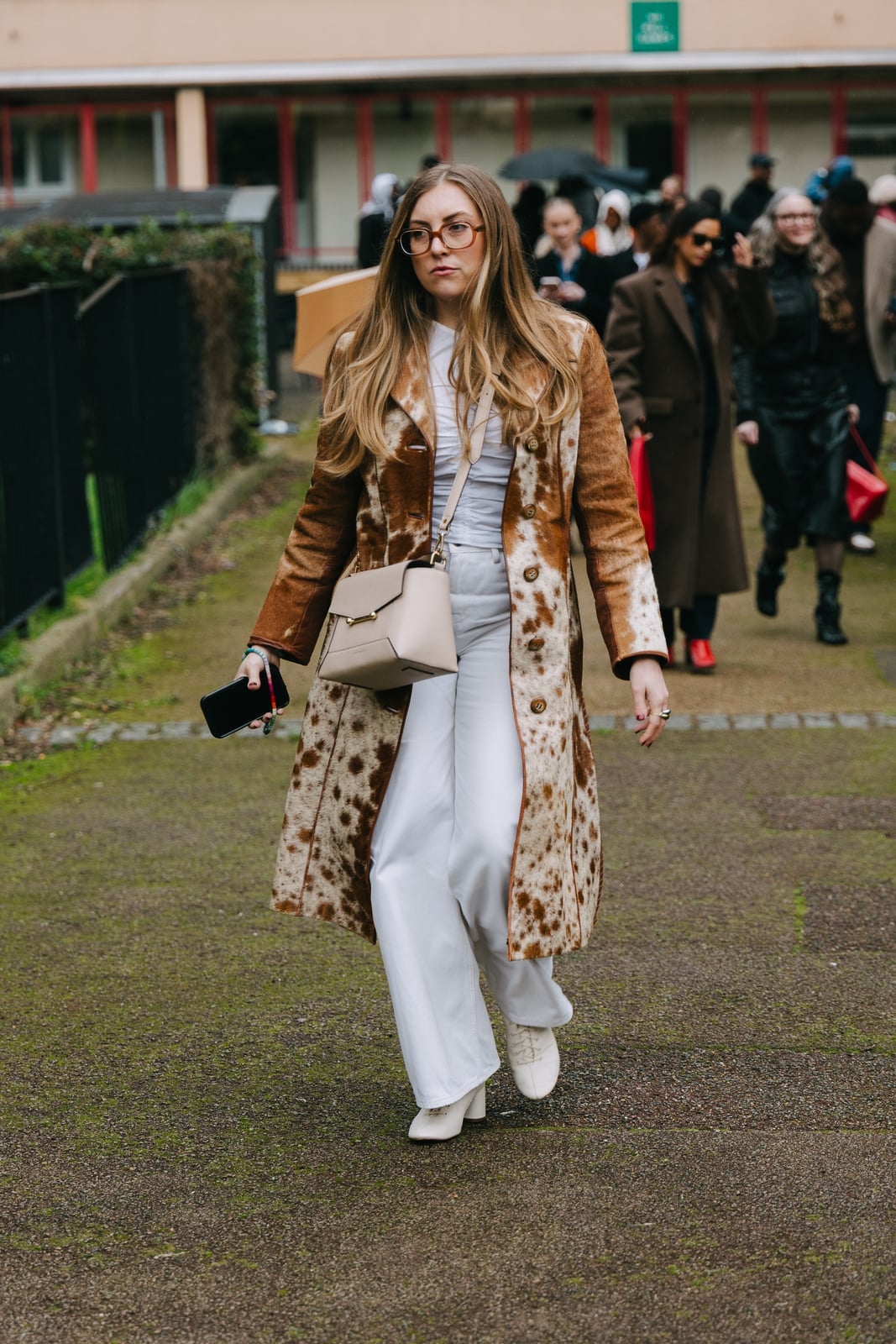 Cow Print Coat Over White Top and Wide-Leg Trousers Cow Print Coat Over White Top and Wide-Leg Trousers — Classy Zoo Outfits