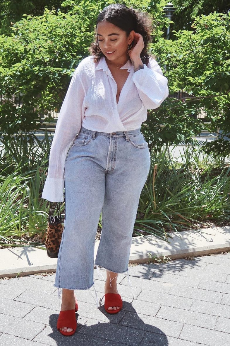 Cropped Frayed Jeans with Wrap Blouse and Red Heels Cropped Frayed Jeans with Wrap Blouse and Red Heels — Classy Zoo Outfits