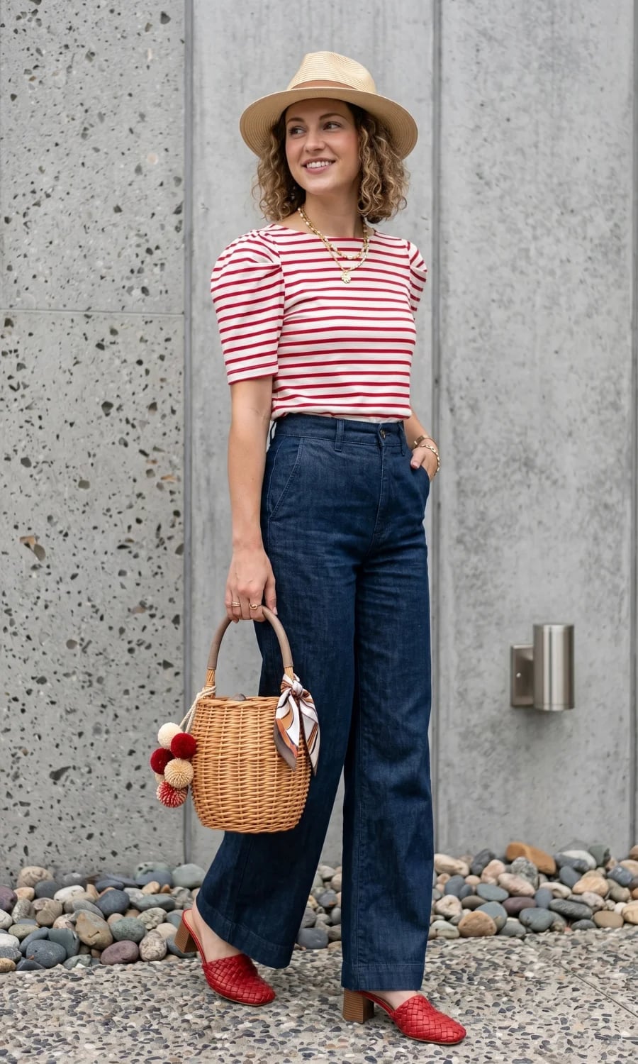 Wide-leg Jeans with Striped Top and Straw Accessories Wide-leg Jeans with Striped Top and Straw Accessories — Classy Zoo Outfits