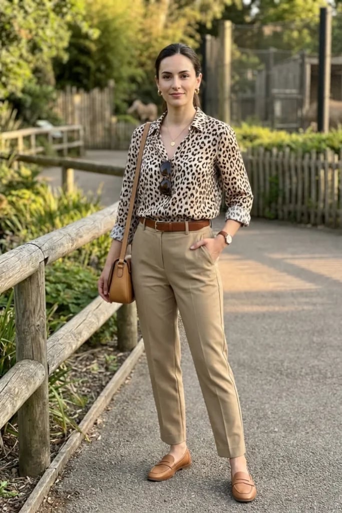 Leopard Print Shirt with Neutral Trousers Leopard Print Shirt with Neutral Trousers — Classy Zoo Outfits