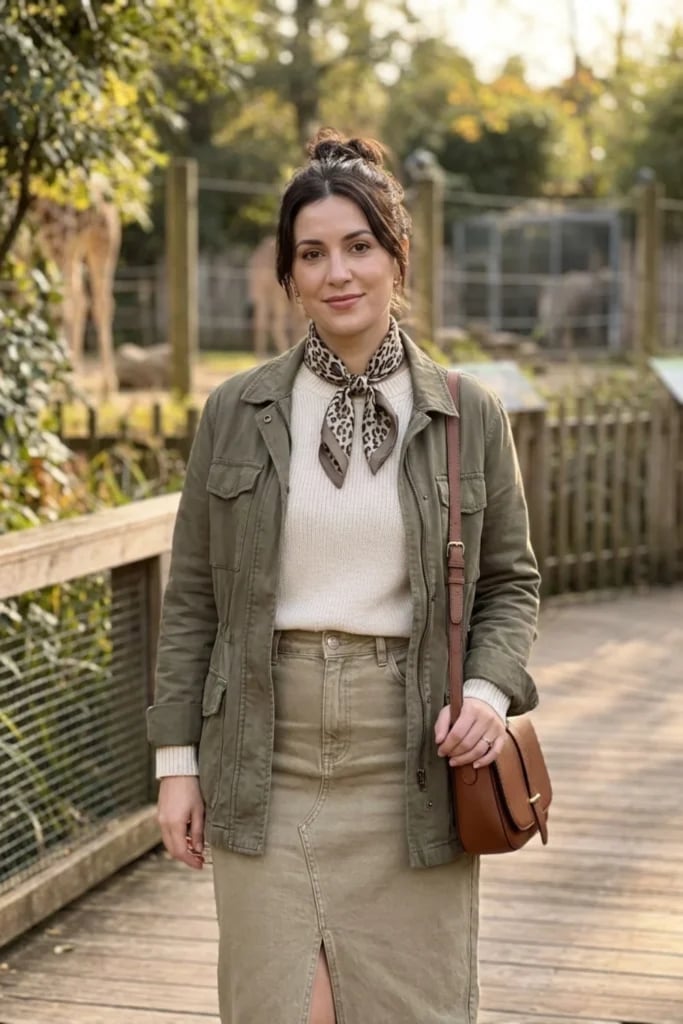 Khaki Utility Jacket Over Sweater and Skirt Khaki Utility Jacket Over Sweater and Skirt — Classy Zoo Outfits