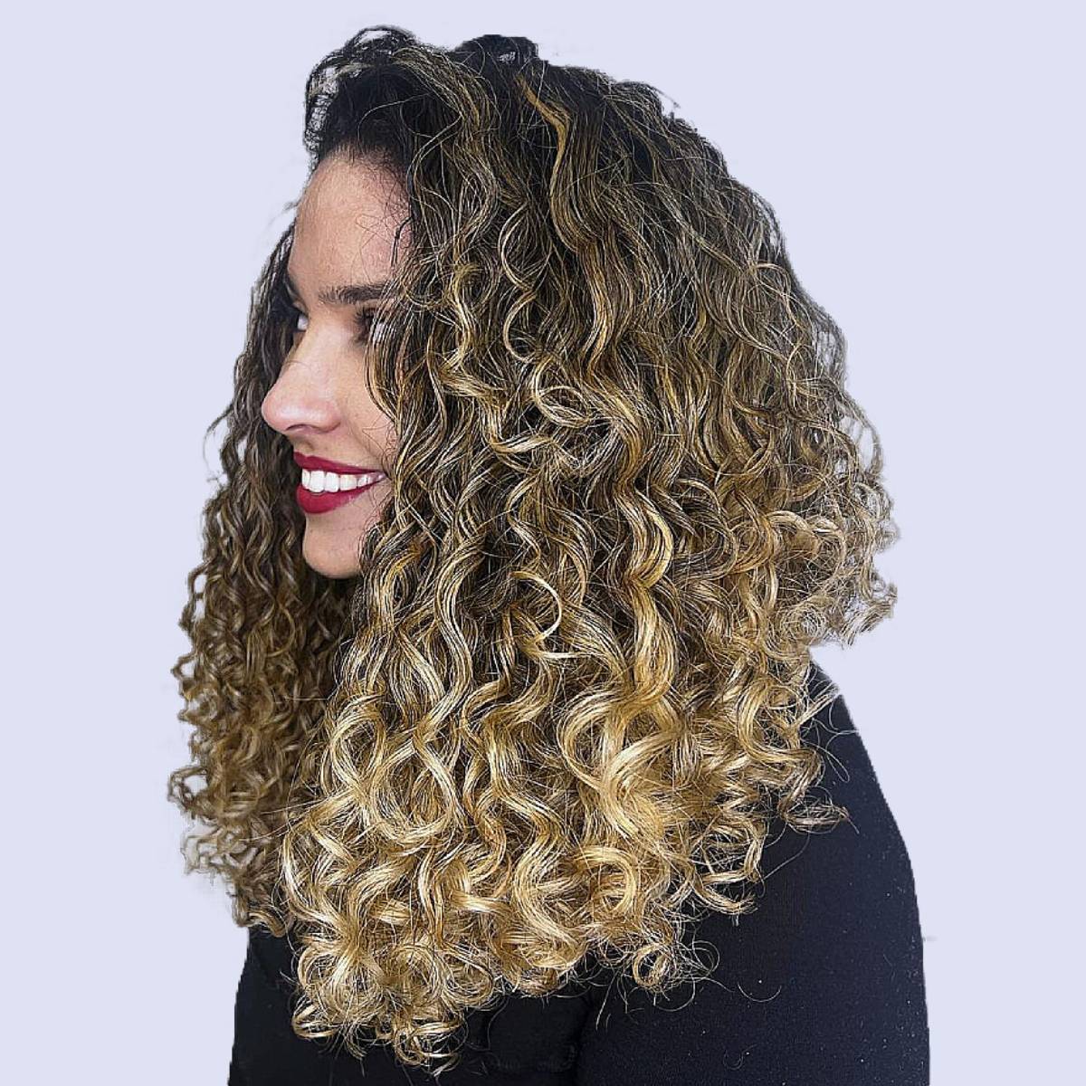 Shoulder Length Dark Brown With Blonde Balayage Blowout, Layers Shoulder Length Dark Brown With Blonde Balayage Blowout, Layers — Curly Hair Color Inspiration
