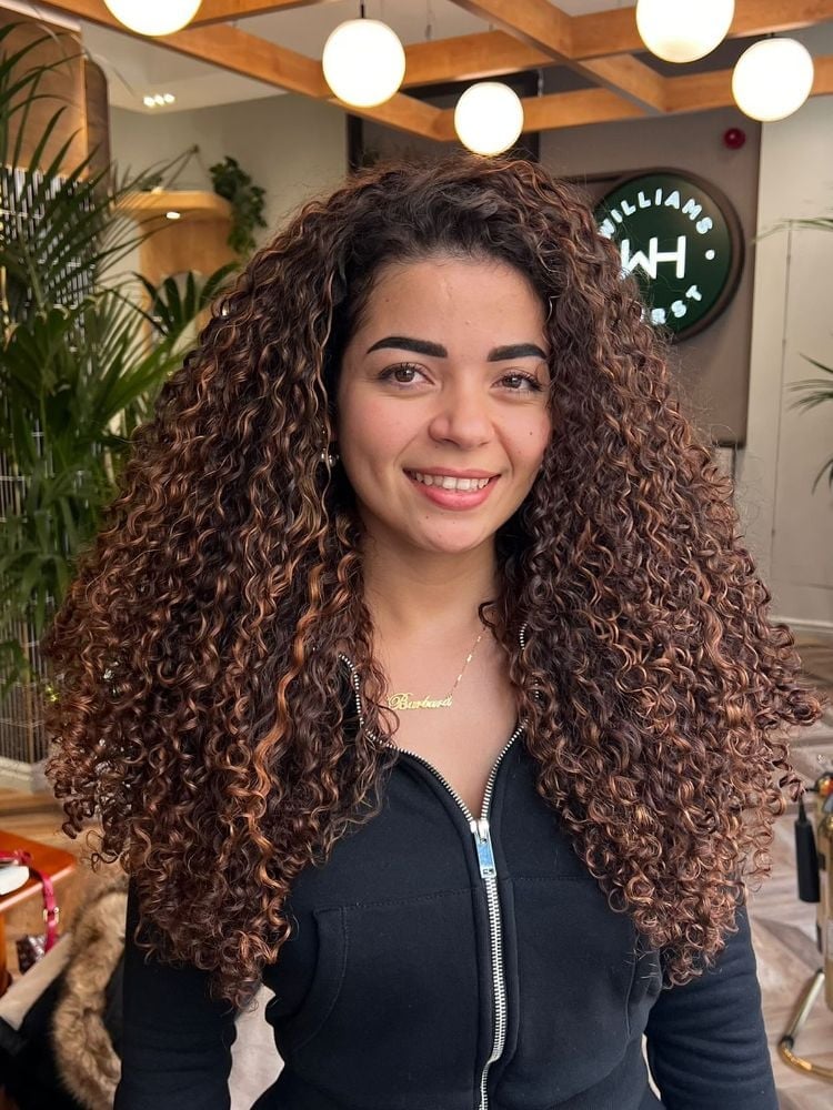 Mid-Back Dark Brown With Caramel Balayage Mid-Back Dark Brown With Caramel Balayage — Curly Hair Dye Styles