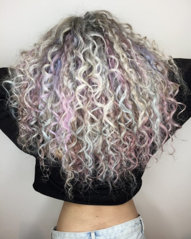 Mid-Back Light Blonde With Pastel Highlights Mid-Back Light Blonde With Pastel Highlights — Curly Hair Dye Styles