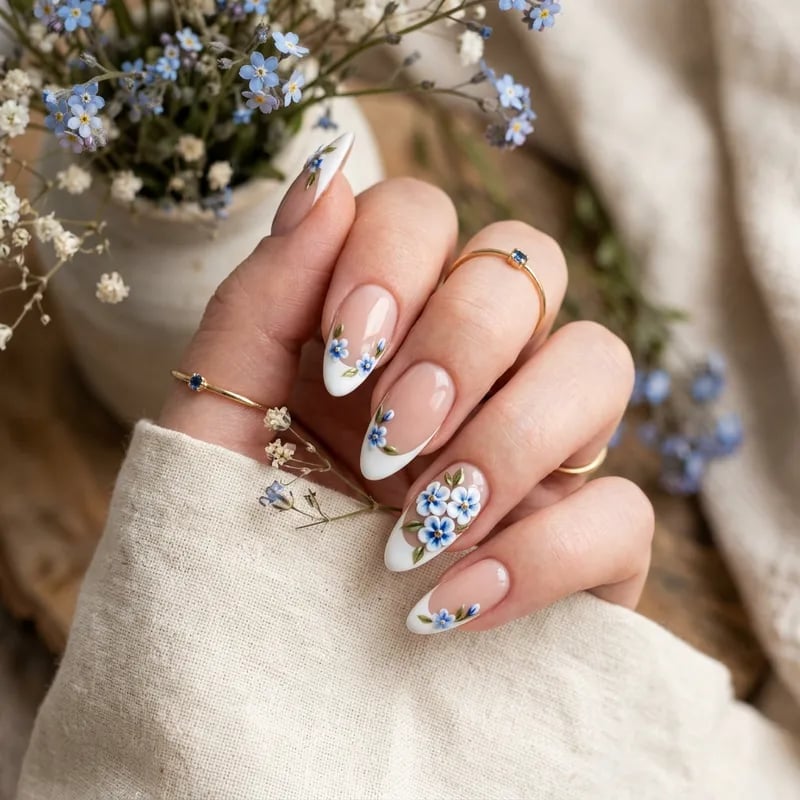 Medium Almond Nude French With Blue Flowers Medium Almond Nude French With Blue Flowers — Cute Classy Almond Nails