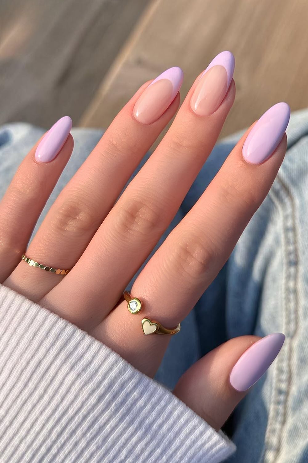 Medium Almond Nude With Lavender French Tips Medium Almond Nude With Lavender French Tips — Cute Classy Almond Nails