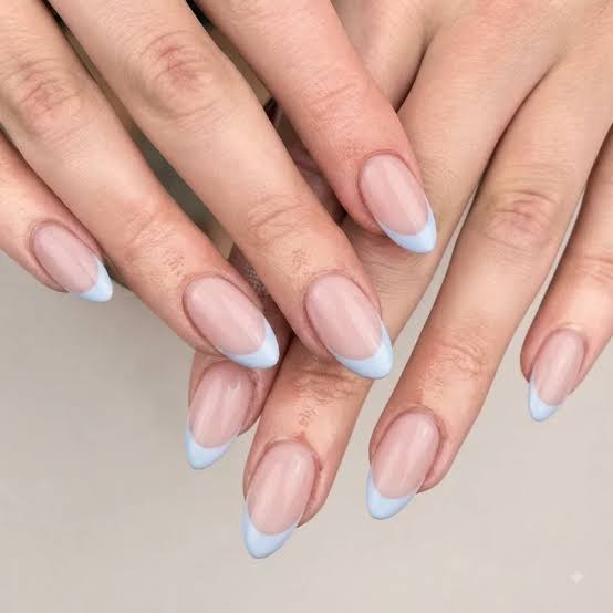 Medium Almond Nude With Light Blue French Tips Medium Almond Nude With Light Blue French Tips — Cute Classy Almond Nails