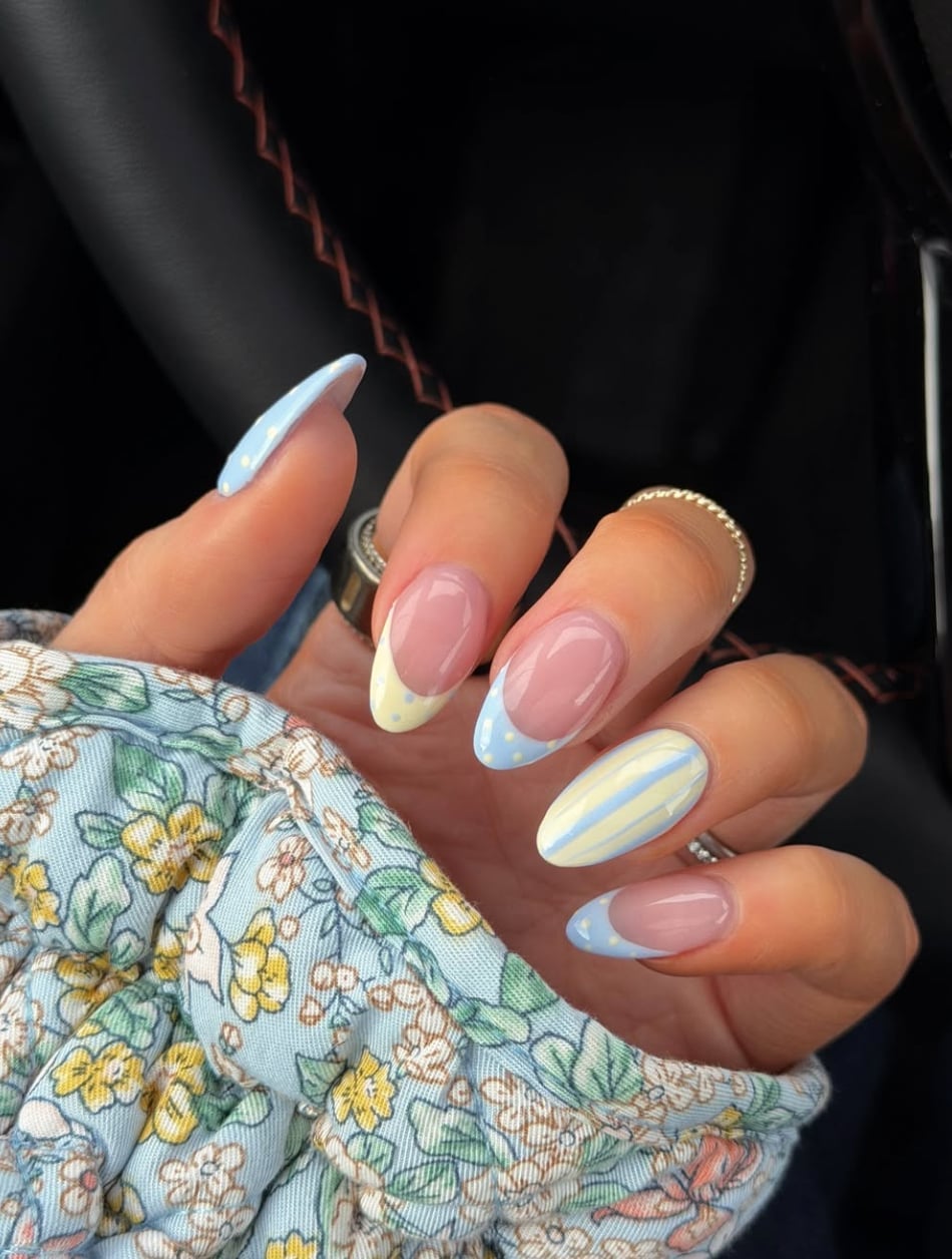 Medium Almond Nude With Pastel Pattern Tips Medium Almond Nude With Pastel Pattern Tips — Cute Classy Almond Nails