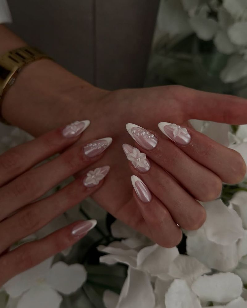 Medium Almond White French With 3D Pearls Medium Almond White French With 3D Pearls — Cute Classy Almond Nails