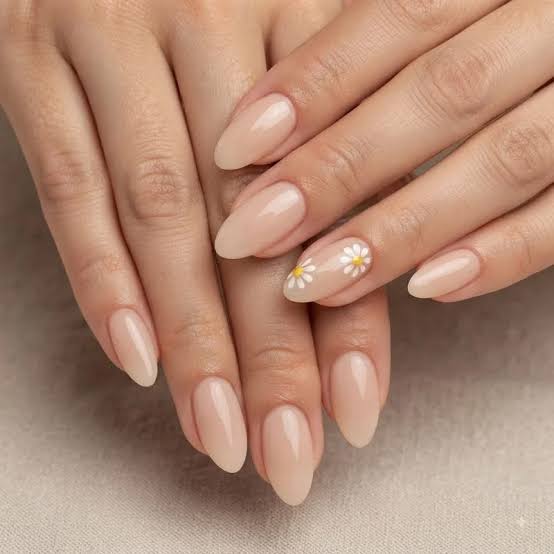 Medium Almond Nude With Daisy Accent Medium Almond Nude With Daisy Accent — Cute Classy Almond Nails