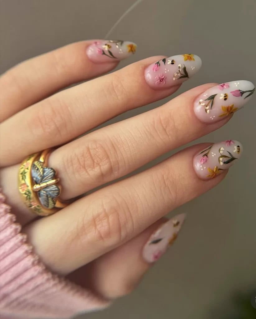 Medium Almond Nude With Floral Art Gold Foil Medium Almond Nude With Floral Art Gold Foil — Cute Classy Almond Nails