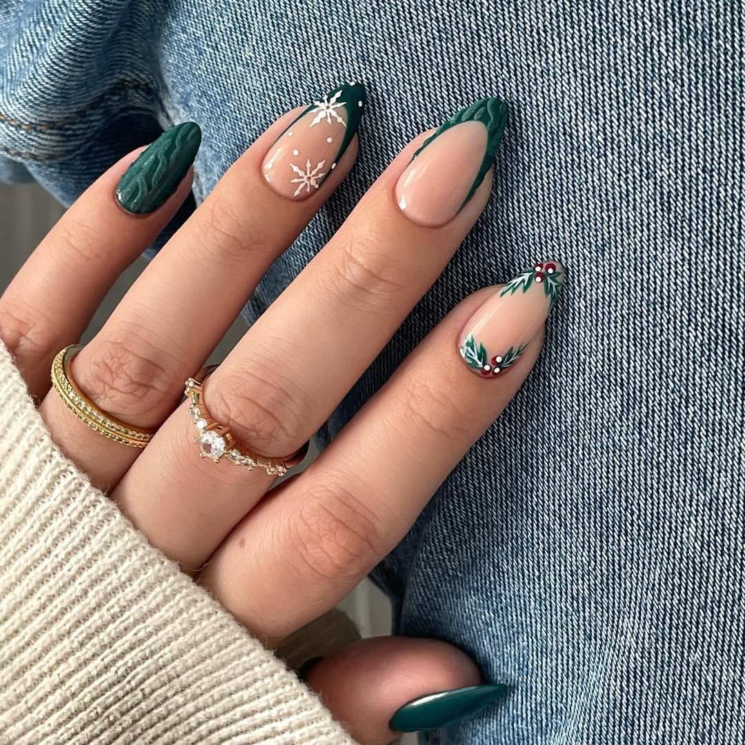 Long Almond With Festive Green French Tips Long Almond With Festive Green French Tips — Cute Classy Almond Nails