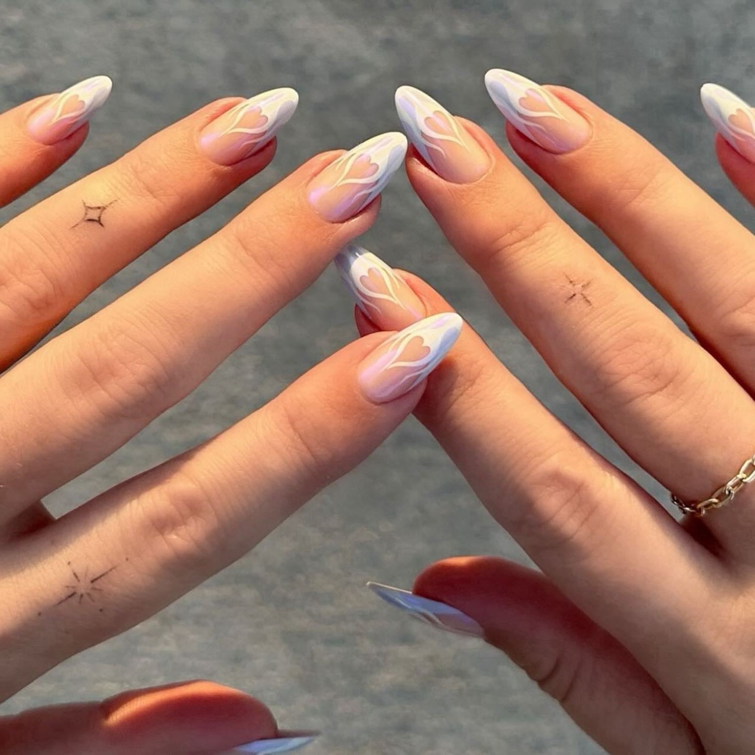 Medium Almond Sheer Pink With White Flames Medium Almond Sheer Pink With White Flames — Cute Classy Almond Nails