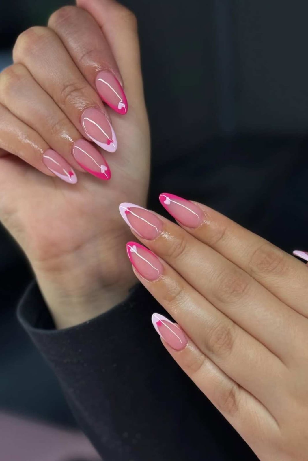 Short Almond Pink French With White Hearts Short Almond Pink French With White Hearts — Cute Classy Almond Nails