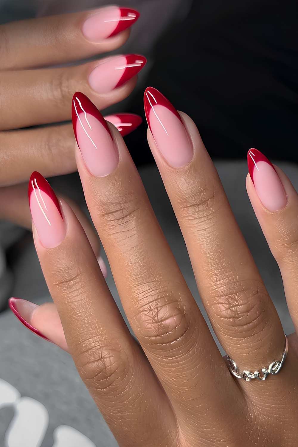 Short Almond Sheer Pink With Red French Short Almond Sheer Pink With Red French — Cute Classy Almond Nails