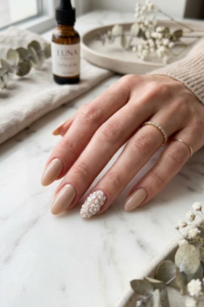 Medium Almond Nude With 3D Floral Appliqué Medium Almond Nude With 3D Floral Appliqué — Cute Classy Almond Nails