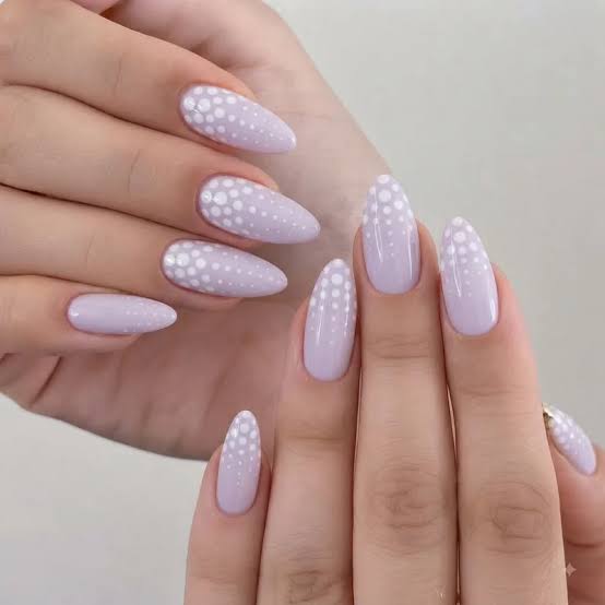 Medium Pale Lavender With White Dots Medium Pale Lavender With White Dots — Cute Classy Almond Nails